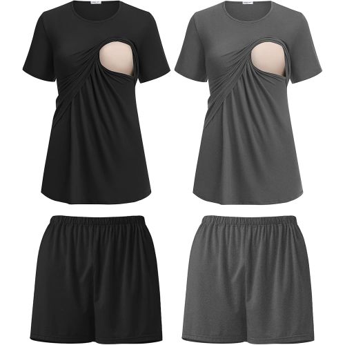 Ekouaer 2 Pack Maternity Clothes Double Layer Breastfeeding Nursing Sleepwear Short Sleeve Tops & Shorts Casual Pregnancy Pjs M Black/Deep Grey