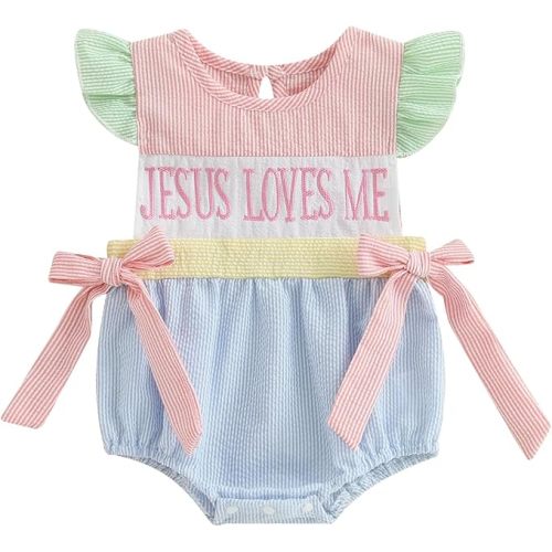 citgeett My First Easter Baby Girl Outfit Striped Bow Sleeveless Bubble Onesie Romper Summer Newborn Infant Clothes (easter newborn outfit, 3-6 Months)