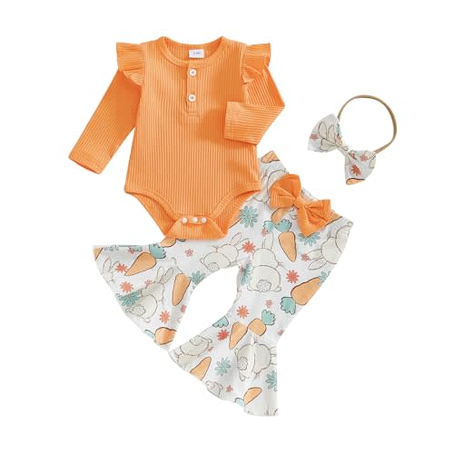 Kuriozud Newborn Baby Girl Bell Bottom Outfit Ruffle Romper Cute Bow Flare Pants Set Headband Cute Clothes