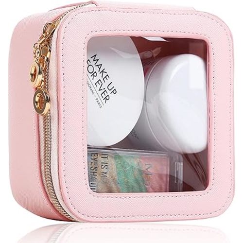 Small Clear Makeup Bag for Purse, Cute Mini Clear Cosmetic Bag Case Organizer, TSA Approved Square Small Makeup Case Pouch with Zipper, Car Travel Purse Essentials for Women (Pink, S)