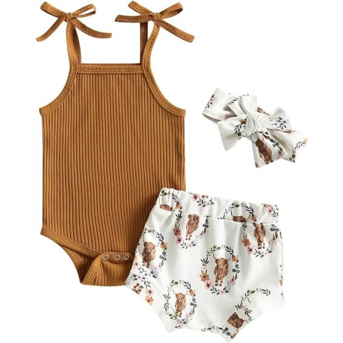 Kuriozud Newborn Infant Baby Girl 2 Piece Summer Outfits Tank Romper Top + Ruffle Bloomer Shorts Set Clothes - 6-12 Months - Cow Yellow