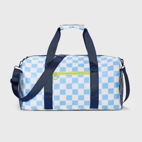 Boys' Checkered Duffel Bag - Cat & Jack™️ Blue/White: Lightweight Luggage, Adjustable Strap, Zip Closure, 18 Linear Inches