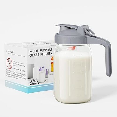 Breast Milk Pitcher, Mason Jar 32 oz, Heavy Duty Wide Mouth Jar with Flip Cap Lid and Pour Spout - Airtight Seal for Freshness and Convenience - Great for Cold Beverages, and Home Entertaining