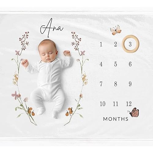 Custom Monthly Milestone Blanket, Baby Milestone Blanket with Name - Version 3 Girl Wildflower