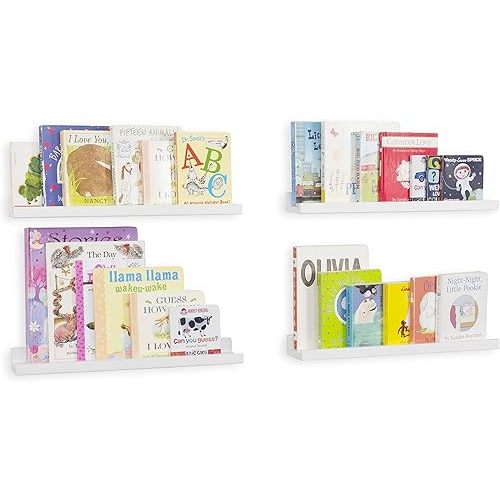 Wallniture Denver Wall Mounted Floating Shelves for Nursery Decor - Kid’s Room Bookshelf Display - Picture Ledge 17 Inch Set of 4 (White)