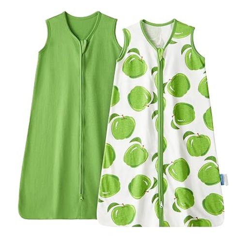 TILLYOU 2 Pack Baby Sleep Sack 6-12 Months 100% Cotton Wearable Blanket 0.5 TOG Sleeveless Summer Sleep Sacks with 2-Way Zipper, Green Apple & Fruit Green