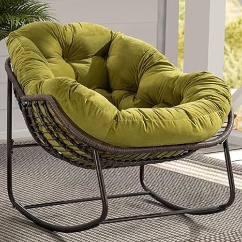 Papasan Rocking Chair with Cushion and Frame, Oversized Rocking Chair Indoor/Outdoor, Circle Chairs for Patio Garden Front Porch, Corduroy/Velvet (Olive)