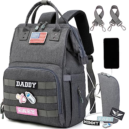 QWREOIA Diaper Bag Backpack for Dad and Mom with USB Charging Port Stroller Straps and Insulated Pocket,army military Travel Nappy Backpack (Dark Grey)