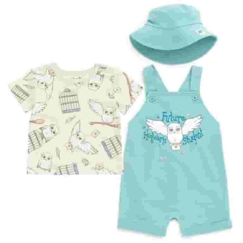 Harry Potter Hedwig Owl Newborn Baby Boys French Terry Short Overalls T-Shirt and Hat 3 Piece Outfit Set Newborn to Infant
