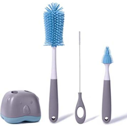 Bebamour Baby Bottle Brush Cleaning Set Long Handle Water Bottles Cleaner for Baby Bottles, Sports Bottle, Vase, Glassware 4 in 1 Cleaner Brushes Kit (Grey)