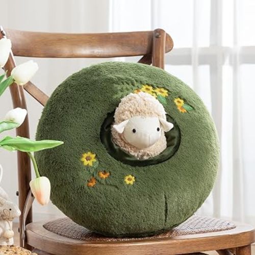 Phantoscope Lamb Throw Pillow, Velvet Hugging Pillow with Floral Embroidery, 14"x14" Adjustable Sheep Plush, Farmhouse Spring Gift for Mom, Couch Sofa Bed Decor (White)