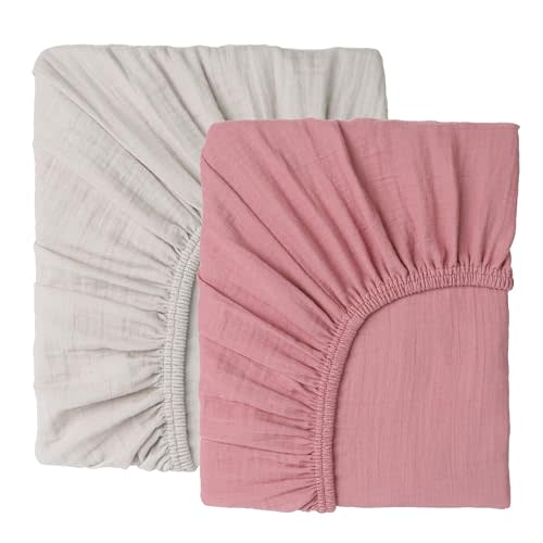 Muslin Baby Crib Sheets Fitted -Crib Sheets Neutral Turkish Cotton, Ultra Soft & Breathable -Organic Cotton Crib Sheets for Boys &Girls, GOTS &Oeko-TEX® Certified (52x28, Cotton Latte &Neutral Rose)