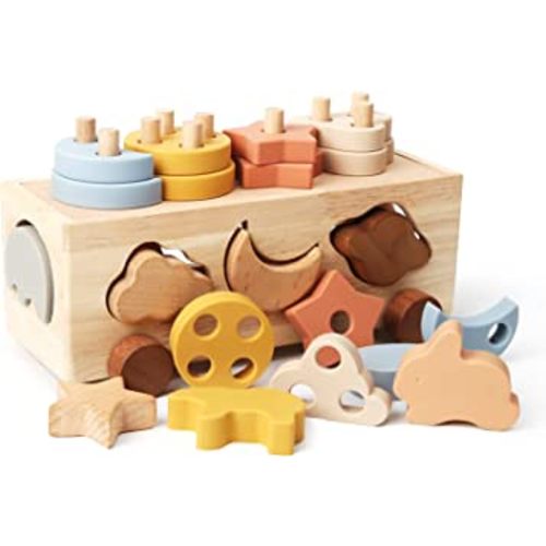 Shape Sorter Toys for Toddlers 1-3 Montessori Stack Toy Car for 1 Year OldBaby Blocks Sorting Wooden&Silicone Educational Car Stacking Toys Montessori Toy1 2 3 Year Old Girls Boys Gifts