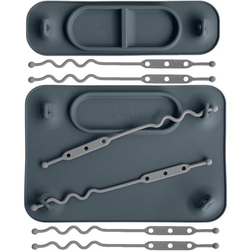 BUSY BABY Silicone Mat Bundle - 1 Original Mat Plus 1 Mini Mat, New Stronger Suction Cups, 6 Straps to Secure Baby Essentials and Keep Them Off The Floor, Baby Led Weaning, Wet Bag Included (Pewter)