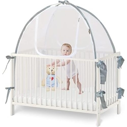 Baby Crib Tent Safety Net, Durable Strong Self-Locking Zippers, Protects from Climbing Out and, Insects, Mosquitoes, Installs with Rods (Crib 52.25" - 28.25")