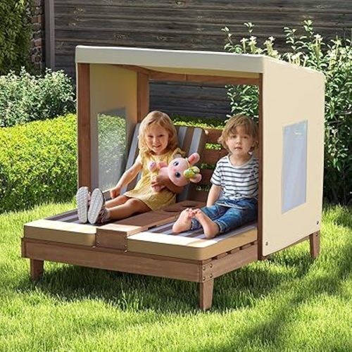 KOTEK Kids Lounge Chair Outdoor, Wood Double Chaise Lounge with Cup Holders, Removable Canopy & Stripped Fabric Cushions, Pool Kids Patio Furniture Cabana Lounger for Toddlers & Pets (Brown)