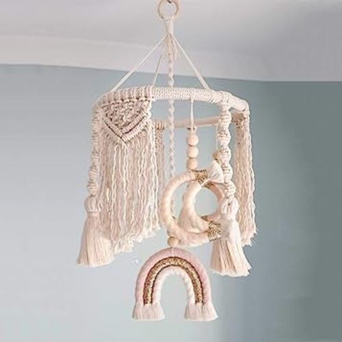 Macrame Rainbow Moon Baby Crib Nursery Mobile Wall Hanging Decor Baby Crib Mobile for Girls Ceiling Mobile Fiber Wall Art