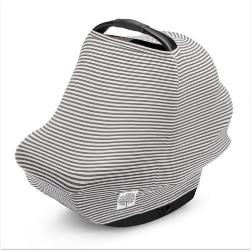 Parker Baby 4 in 1 Car Seat Cover for Girls and Boys - Stretchy Carseat Canopy, Nursing Cover, Grocery Cart Cover, High Chair Cover - “Pewter/Snow Stripes”