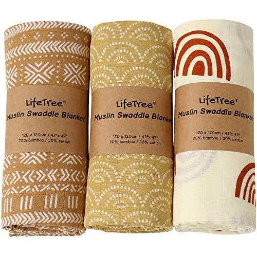 LifeTree 3 Pack Muslin Swaddle Blankets - Soft Bamboo Cotton Baby Swaddle Blankets Unisex for Boys & Girls Newborn - Lightweight Breathable Baby Receiving Blankets, Large 47 x 47 inches