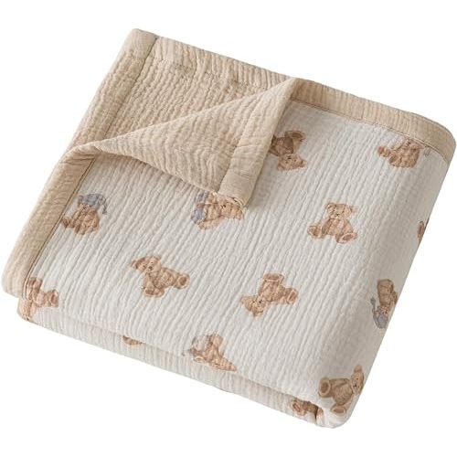 Muslin Baby Blankets for Boys Girls, 100% Cotton Crib Blanket for Infant Toddler, 4 Layer Reversible Breathable Soft and Lightweight Nursery Swaddling Wrap 47"x47"