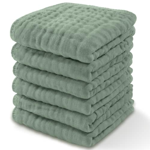 Comfy Cubs Muslin Baby Washcloths 6 Pack - Soft 6-Layer Cotton Wash Cloths for Sensitive Skin - 10"x10" Large, Gentle, Absorbent Infant Essentials for Newborn and Toddlers - (Fern)