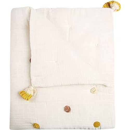 Crane Baby Blanket, Soft Cotton Pom Pom Nursery and Toddler Blanket for Boys and Girls, Cream, 36” x 36”