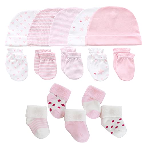 MAMIMAKA Baby Caps Mittens and Thick Warm Socks Cotton Newborn Essentials Accessories (Hats+Gloves+Terry Socks),0-6 Months