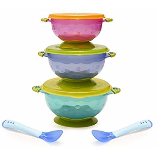 Spill-Proof Stay-Put Suction Bowls by Luv Your Baby, with Lids & Temperature-Sensitive Spoons - Set of 3