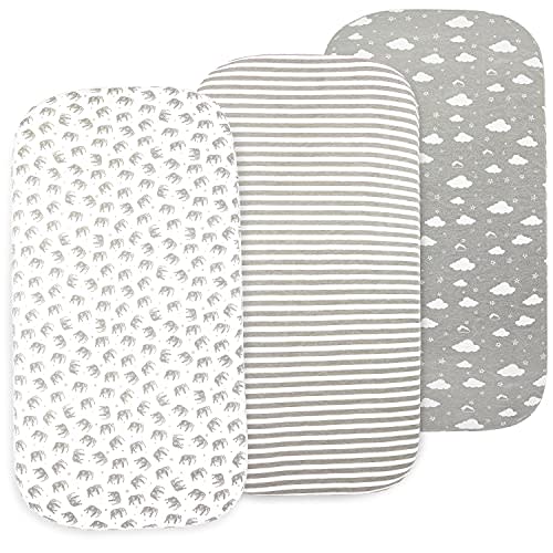 Baby Bassinet Sheet Set for Boy and Girl, 3 Pack Organic Jersey Cotton Universal Fitted Bedding Cover for Oval, Hourglass & Rectangle Bassinet Mattress, Fitted Sheets Size 32 x 16 x 4 Inches