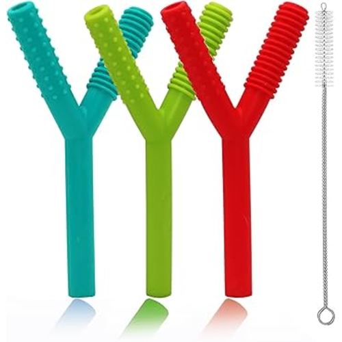 Teether Tubes for Babies 3-6 Months, 3 Pack Silicone Hollow Chew Tube Toy for Autistic Children, Y Shape Chewable Straw Baby Teether Toys for Infants Autism with Teething Nursing Biting Chewing