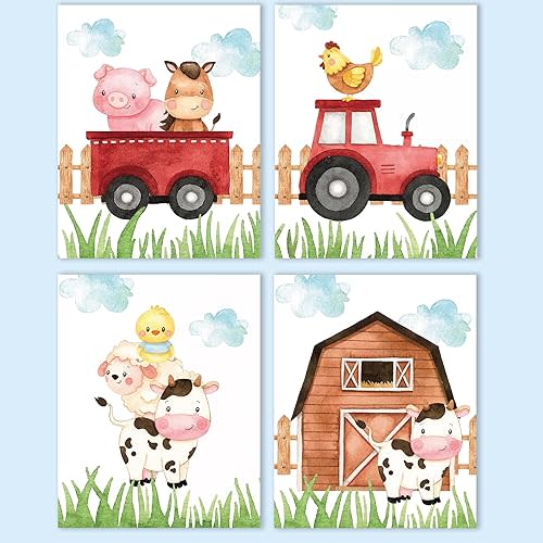 VICBOU 4 Pcs Watercolor Cute Farm Animals Wall Art Prints Nursery Decor Nursery Wall Decor Farm Animal Lover Gift Posters for Baby Room Playroom Girls Boys Kids Room Decoration 8x10 in Unframed