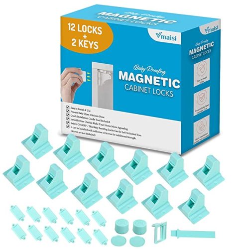 Baby Proofing Magnetic Cabinet Locks - Child Safety VMAISI 12 Pack Children Proof Cupboard Baby Latches - Adhesive Magnet Drawers Locks No Drilling (Blue)