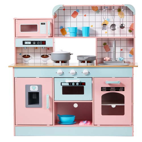 KFFKFF Play Kitchen Set for Kids, Interactive Wood Kitchen Playset with Lighting & Sound Effects, Includes Ice Machine, Stove, Basin, Microwave, Refrigerator, Kitchen Playset for Kids 3-8 Years