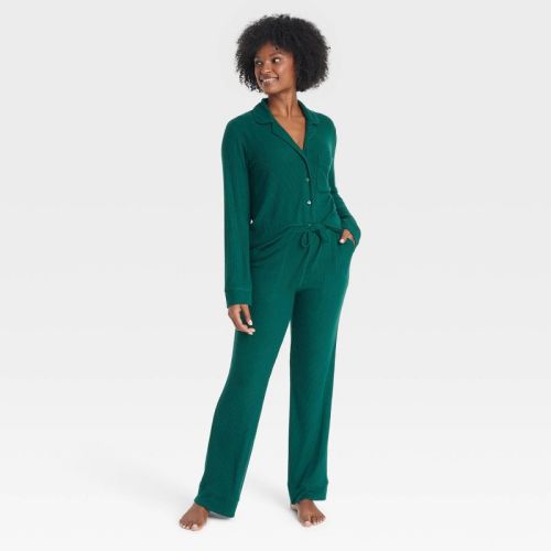 Women's Cozy Ribbed Long Sleeve Notch Collar Shirt And Pants Pajama Set - Auden™ Dark Gray M