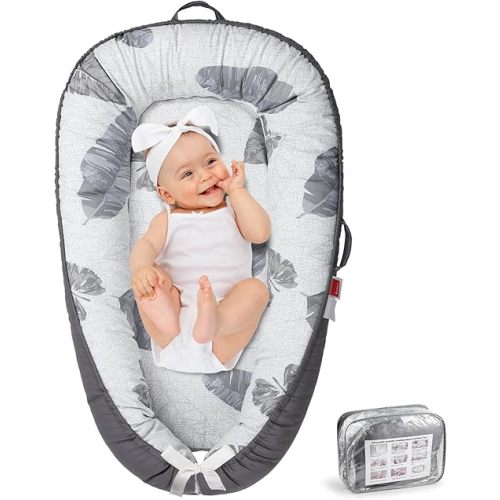 Baby Lounger - Baby Lounger for Newborn 0-24 Months, Co Sleeping Breathable & Soft Baby Nest, Portable and Lightweight Infant Lounger Newborn Babies Essentials Gifts, Grey Leaves