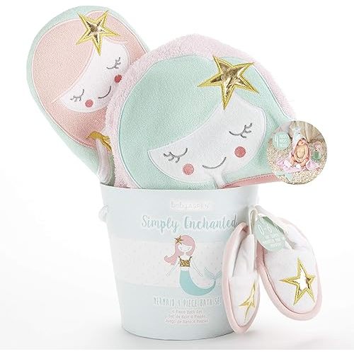 Baby Aspen Simply Enchanted Mermaid 4 Piece Bathtime Gift Set, Pink/Mint/Gold/White, 0-6 Months