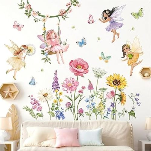 decalmile Flower Fairy Wall Decals Butterfly Girl with Wildflower Sunflower Wall Stickers Girls Bedroom Baby Nursery Kids Room Wall Decor