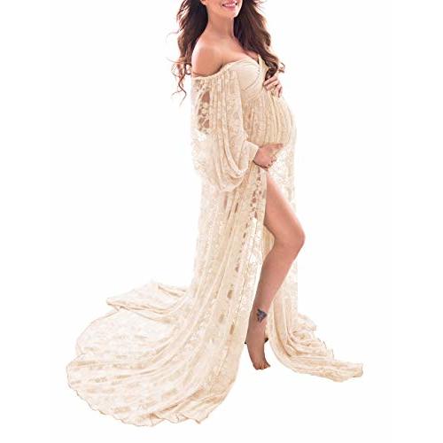 Saslax Soft Stretchy Lace Off Shoulder Doubly Split A-line Skirt Maternity Dress Pregnancy Maxi Gown for Photoshoot