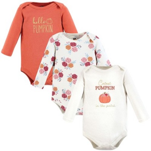 Hudson Baby Infant Girl Cotton Long-Sleeve Bodysuits, Cutest Pumpkin 3-Pack, 9-12 Months
