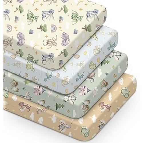 VitalCozy 4 Pcs Watercolor Dragon Crib Sheet Set Newborn Bedding Nursery Baby Sheets for Girl Boys Baby Gifts for Standard Crib and Toddler Mattresses, 52 x 28 x 8 Inches