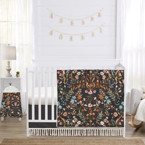 Sweet Jojo Designs 4-Piece Baby Crib Bedding Set (Black Wildflower Vintage Floral) for Girls, Infants/Nursery incl. Blanket, Fitted Sheet, Skirt, Diaper Stacker (Boho, Paisley, Bohemian, Cottagecore)