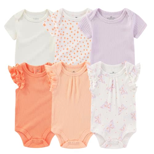 Ruliby Baby Bodysuit 6 Pack Soft Mixed Ribbed Short Sleeve Romper Infant Boy Girl Clothes Set