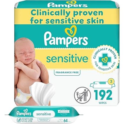 Pampers Baby Wipes Sensitive, Water Based Wipes, Hypoallergenic and Unscented Wipes, 192 Wipes Total (3 Refill Packs)