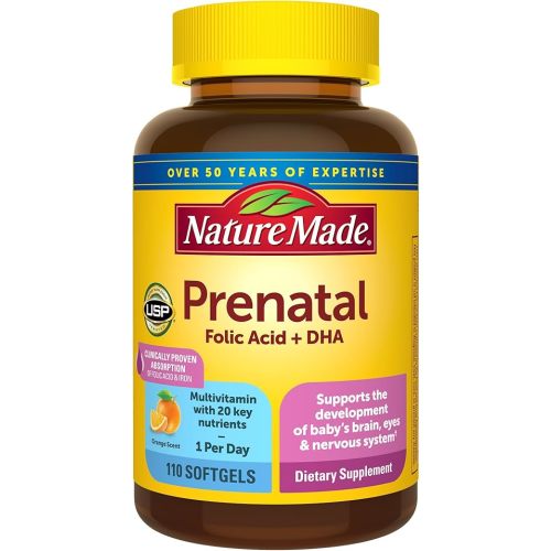 Nature Made Prenatal with Folic Acid + DHA, Prenatal Vitamin and Mineral Supplement for Daily Nutritional Support, 110 Softgels, 110 Day Supply