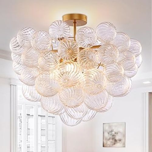 Semi Flush Mount Bubble Ball Chandelier 24" Clear Swirled Ribbed Blown Glass Globe Gold Chandeliers Ceiling Light Fixture for Dining Living Room Bathtub Bathroom