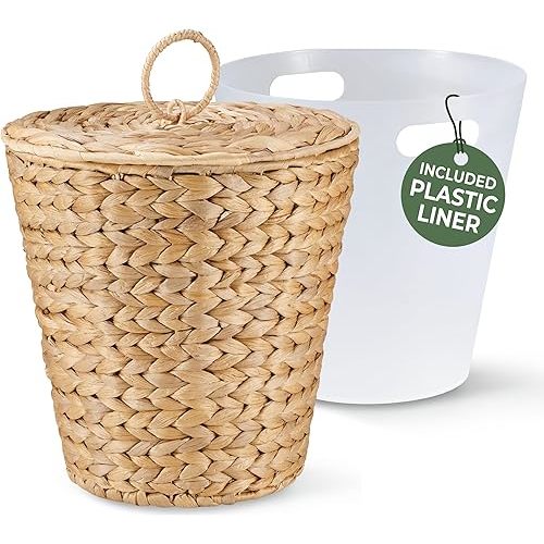 3 Gallon Wicker Trash Can with Lid and Liner - Rattan Trash Can - Wicker Waste Basket for Bathroom, Bedroom, Kitchen, Living Room
