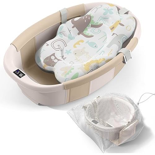 Collapsible Baby Bathtub - Large Baby Bath Tub with Thermometer & Cushion | Travel Portable Newborn Infant Bathtub | Foldable Toddler Bathtub for Baby 0 to 36 Months (Khaki)