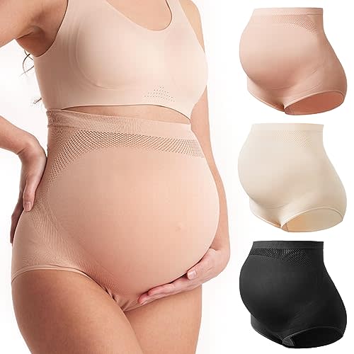 Momcozy Women's Maternity Underwear, High-Waist Seamless Over-Bump Briefs | 360° belly support with an expandable panel, breathable mesh and soft stretch fabric for pregnancy through postpartum