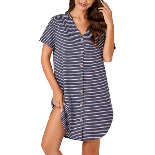 Vrtige Women's Cotton Striped Nightshirt Notch V Neck Short Sleeve Button Down Nightdress Nightgown