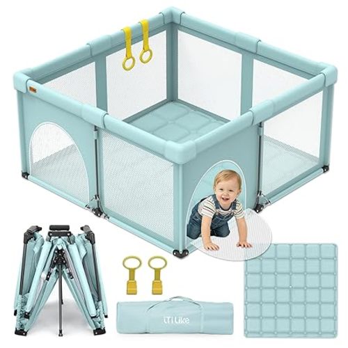 Foldable Baby Playpen, iTiLike Large Playard with Detachable Thickened Washable Water-Resistant Mat, Playpen for Babies and Toddlers, Play Pens with Gate, Indoor & Outdoor Portable Play Yard